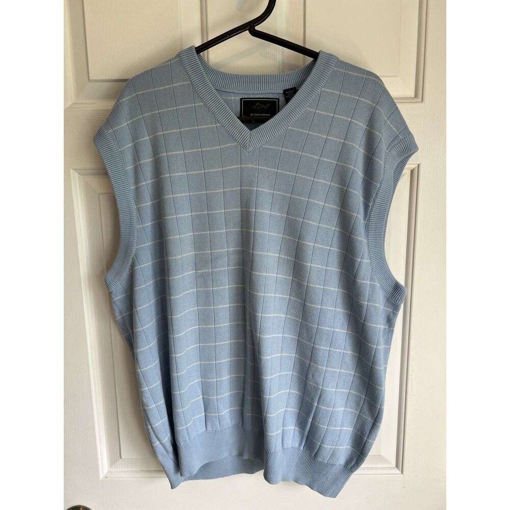 By Greg Norman Men's XL Blue/White Check Knit V-Neck Sleeveless Sweater Vest